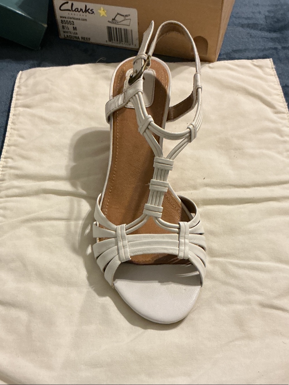 Clarks White Strappy T‑Bar Wedge Sandal